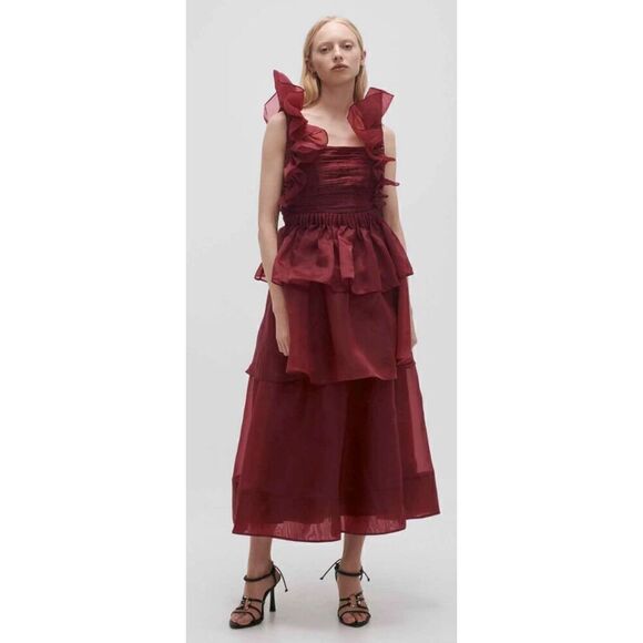 Aje. Asra Pleated Frill Midi Dress in Mahogany Red NWT Size 12/ US 8 - Picture 3 of 11